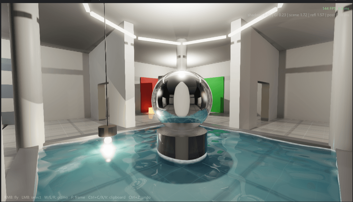 An interior hall lit by real-time global illumination in REACT