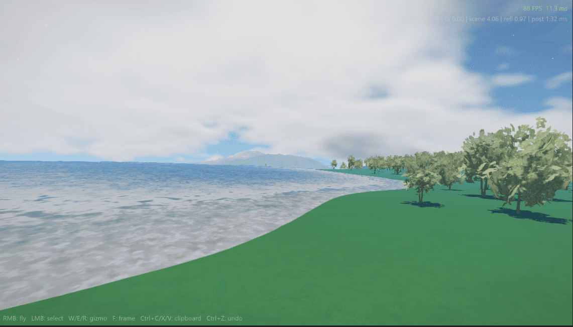 A coastline with surf, forests and clouds rendered in the REACT engine