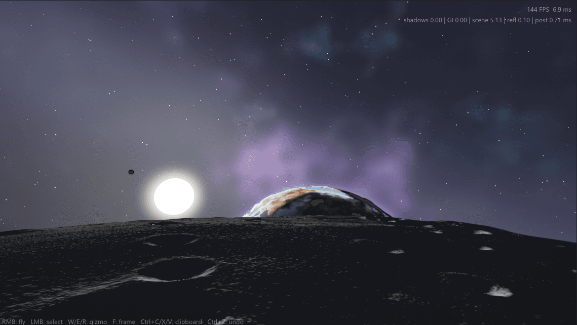 A living planet rising over a cratered moon, rendered in real time by the REACT engine