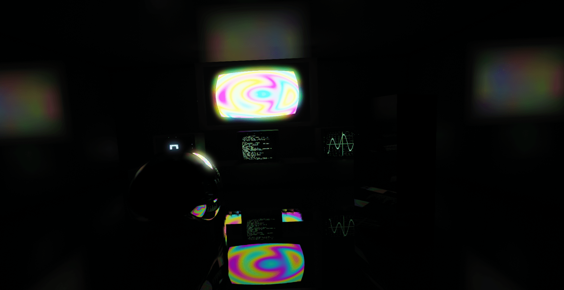 A dark room lit only by glowing monitor screens