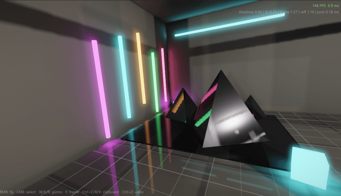 Glowing pyramids casting colored light across a dark scene